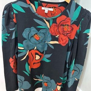 Chico's Black Blouse with Red and Teal Floral Design